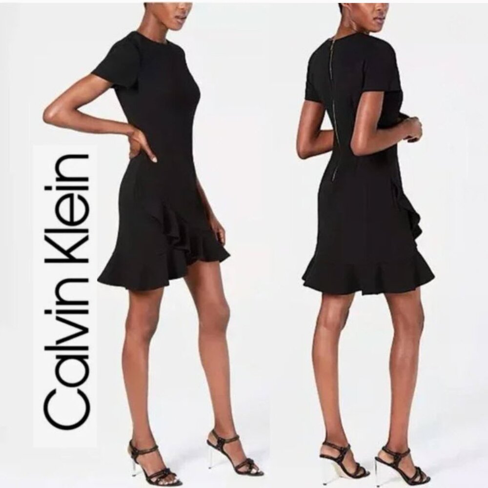Calvin Klein Black Dress Ruffled Flirty Scuba Dress Size 10